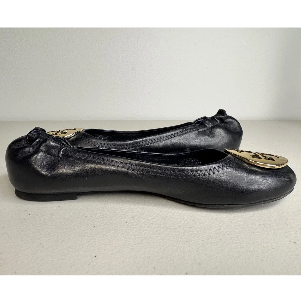 Tory Burch Reva Black Leather Ballet Flats Gold Monogram Logo Womens 6
